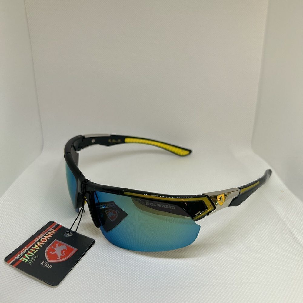 Khan Polarized Mirrored Mens Wrap Semi Rimless Sunglasses